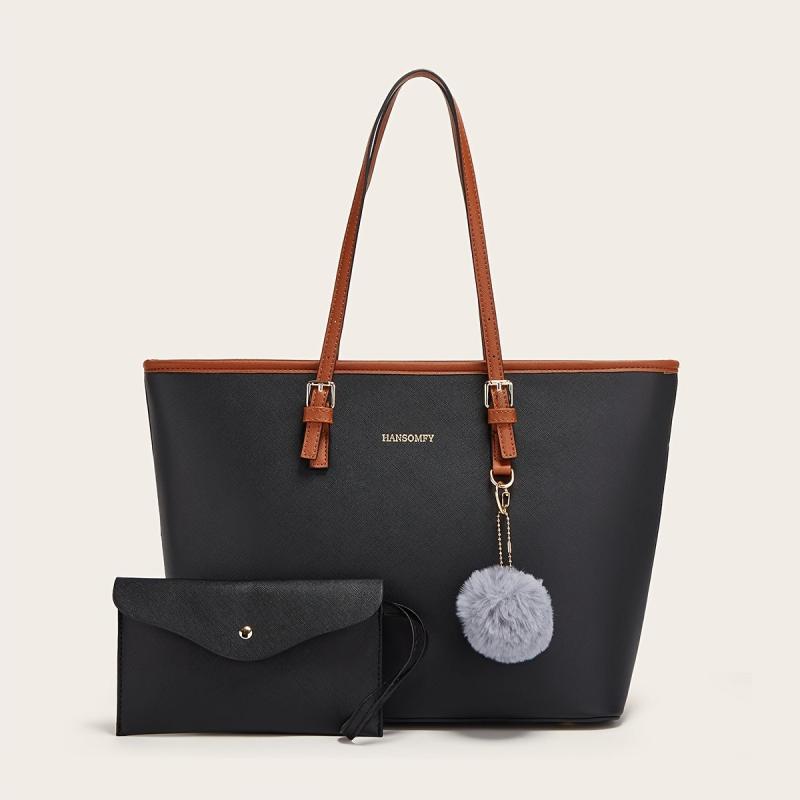 Women's Large Capacity Tote Bag with Small Pouch and Pompom Pendant