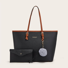 Women's Large Capacity Tote Bag with Small Pouch and Pompom Pendant