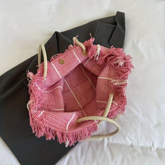 Plaid Tassel Large Capacity Canvas Tote Bag Lightweight Shoulder Bag