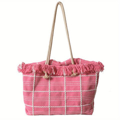 Plaid Tassel Large Capacity Canvas Tote Bag Lightweight Shoulder Bag