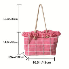 Plaid Tassel Large Capacity Canvas Tote Bag Lightweight Shoulder Bag