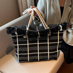 Plaid Tassel Large Capacity Canvas Tote Bag Lightweight Shoulder Bag