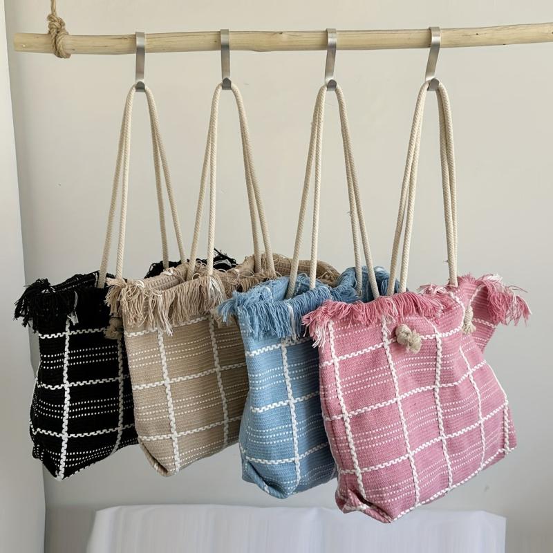 Plaid Tassel Large Capacity Canvas Tote Bag Lightweight Shoulder Bag