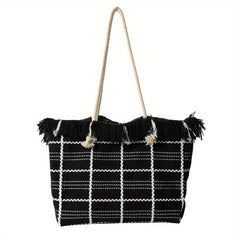 Plaid Tassel Large Capacity Canvas Tote Bag Lightweight Shoulder Bag