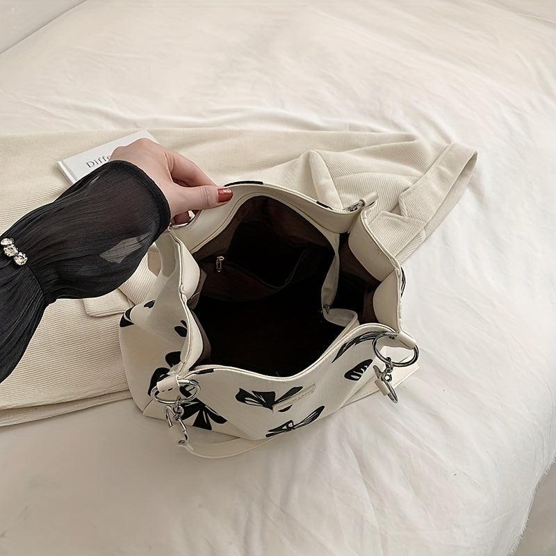 Bow Pattern Canvas Tote Bag Chain Shoulder Bag Women's Large Handbag