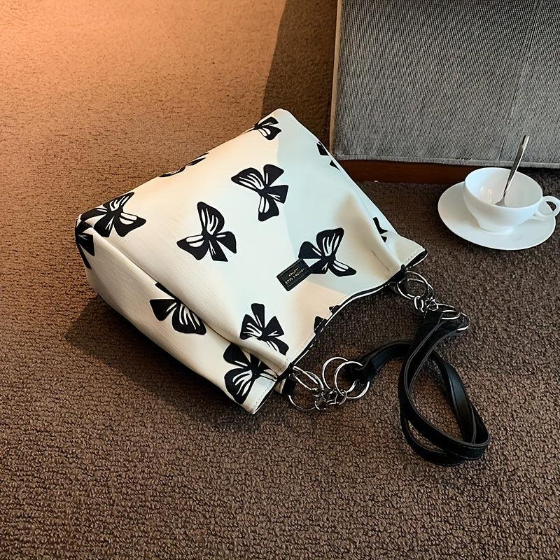 Bow Pattern Canvas Tote Bag Chain Shoulder Bag Women's Large Handbag