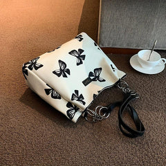 Bow Pattern Canvas Tote Bag Chain Shoulder Bag Women's Large Handbag