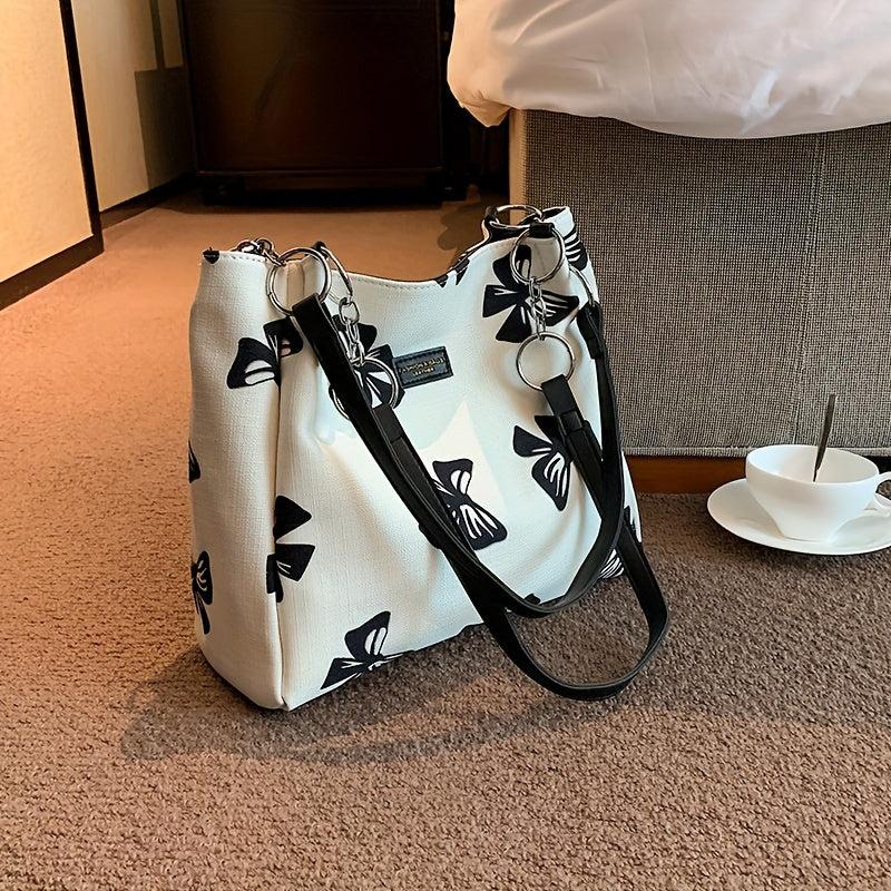 Bow Pattern Canvas Tote Bag Chain Shoulder Bag Women's Large Handbag
