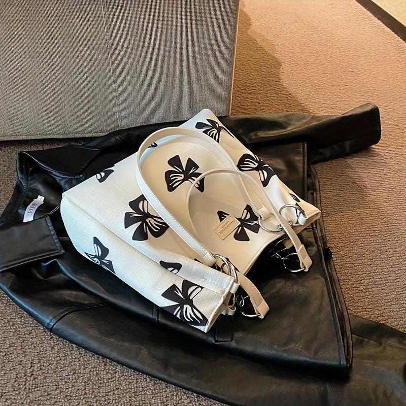 Bow Pattern Canvas Tote Bag Chain Shoulder Bag Women's Large Handbag