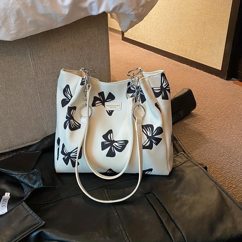Bow Pattern Canvas Tote Bag Chain Shoulder Bag Women's Large Handbag