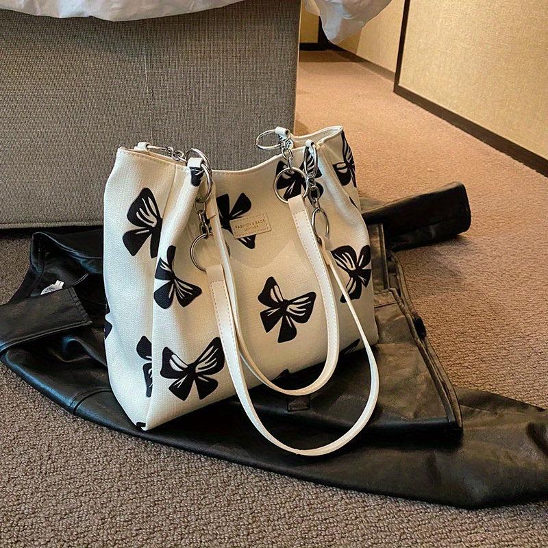 Bow Pattern Canvas Tote Bag Chain Shoulder Bag Women's Large Handbag