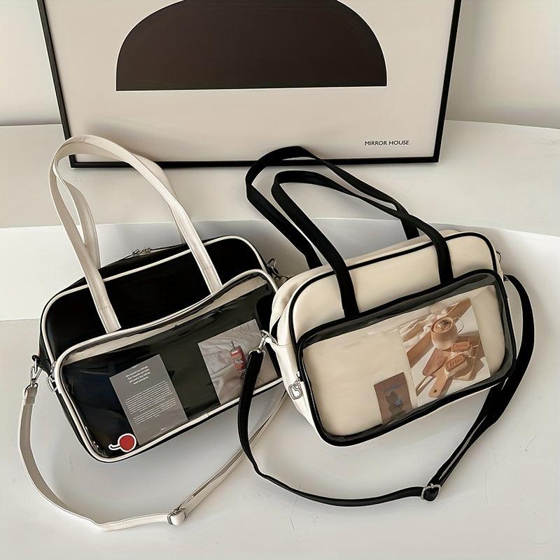 Clear Pocket Front Shoulder Bag Preppy Style Tote Bag Large Capacity