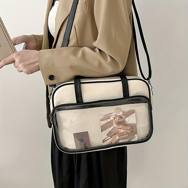 Clear Pocket Front Shoulder Bag Preppy Style Tote Bag Large Capacity
