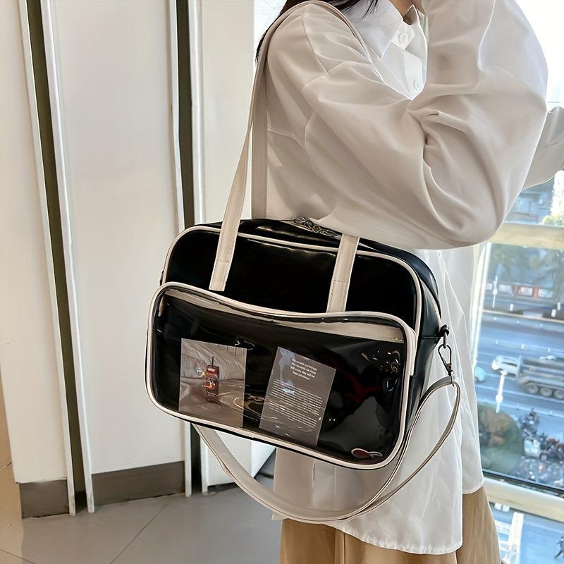 Clear Pocket Front Shoulder Bag Preppy Style Tote Bag Large Capacity