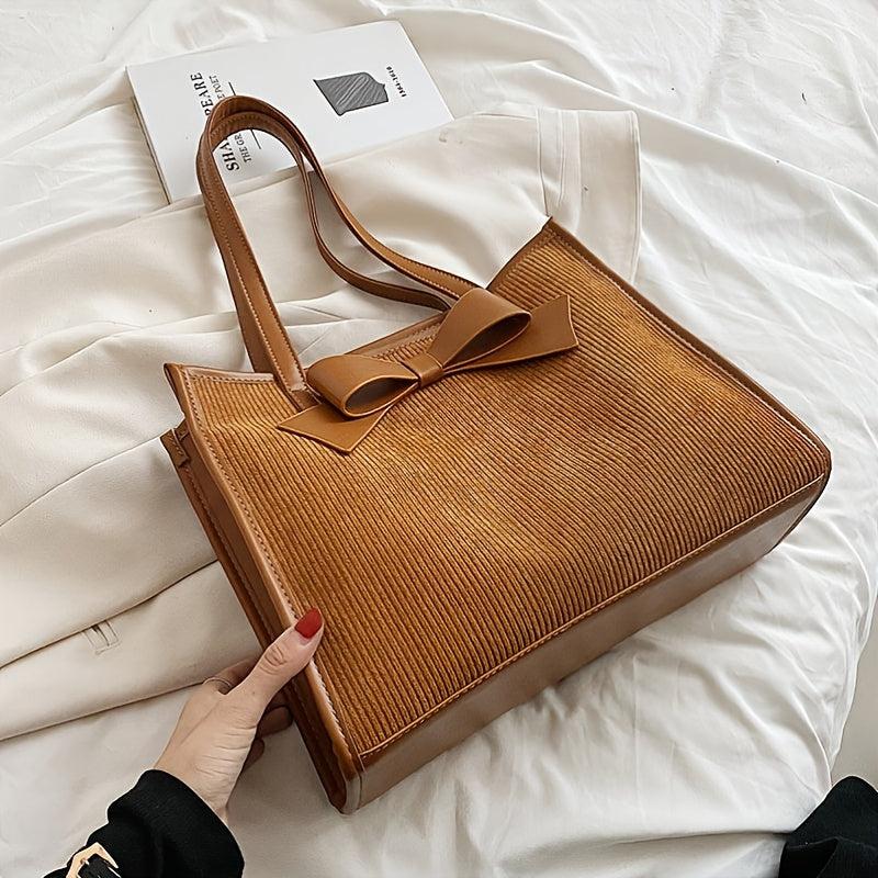 Bow Decor Tote Bag Solid Handbag Women's Stylish Shoulder Bag