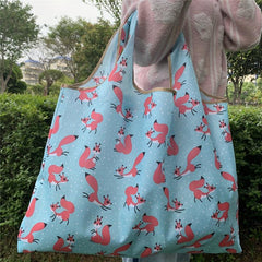 Cartoon Fox Pattern Shoulder Bag Lightweight Foldable Shopper Bag