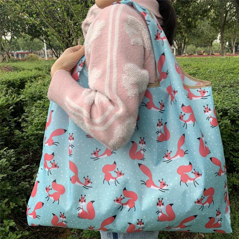 Cartoon Fox Pattern Shoulder Bag Lightweight Foldable Shopper Bag