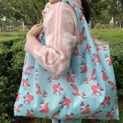 Cartoon Fox Pattern Shoulder Bag Lightweight Foldable Shopper Bag