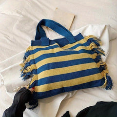 Large Capacity Striped Pattern Bag Tassel Decor Canvas Tote Bag
