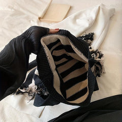 Large Capacity Striped Pattern Bag Tassel Decor Canvas Tote Bag