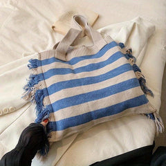 Large Capacity Striped Pattern Bag Tassel Decor Canvas Tote Bag