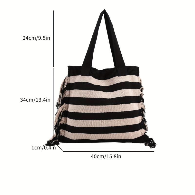 Large Capacity Striped Pattern Bag Tassel Decor Canvas Tote Bag