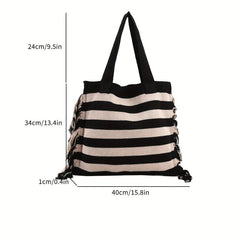 Large Capacity Striped Pattern Bag Tassel Decor Canvas Tote Bag
