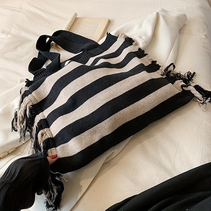Large Capacity Striped Pattern Bag Tassel Decor Canvas Tote Bag