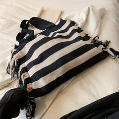 Large Capacity Striped Pattern Bag Tassel Decor Canvas Tote Bag