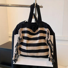 Large Capacity Striped Pattern Bag Tassel Decor Canvas Tote Bag