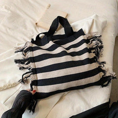 Large Capacity Striped Pattern Bag Tassel Decor Canvas Tote Bag