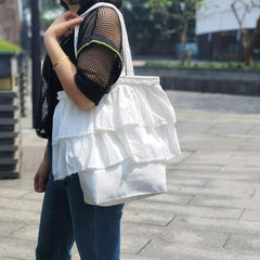 Large Capacity Ruffle Canvas Tote Bag Lightweight Shoulder Bag