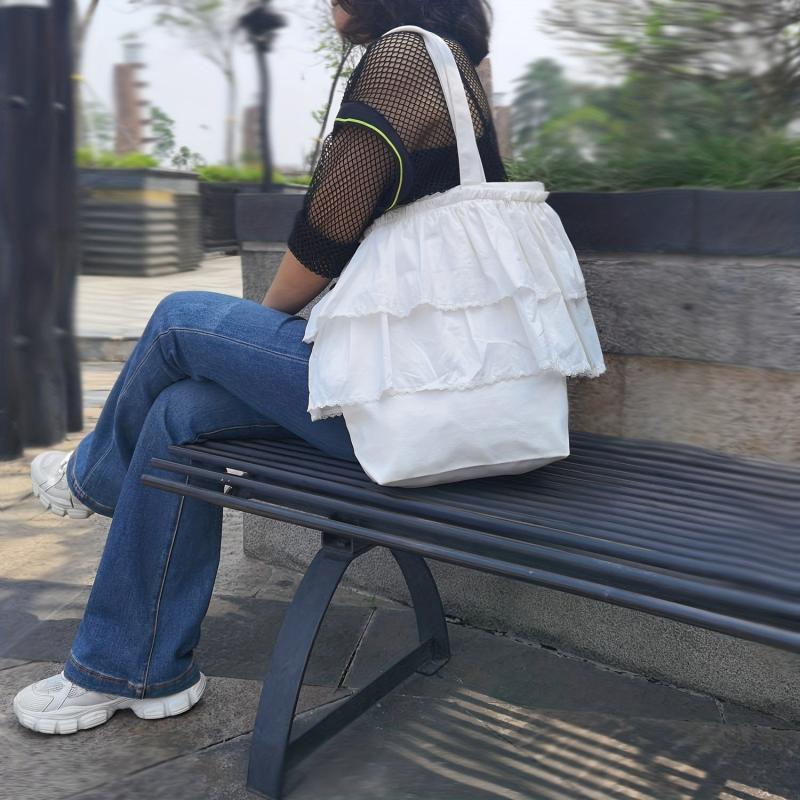Large Capacity Ruffle Canvas Tote Bag Lightweight Shoulder Bag