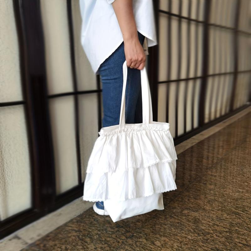 Large Capacity Ruffle Canvas Tote Bag Lightweight Shoulder Bag