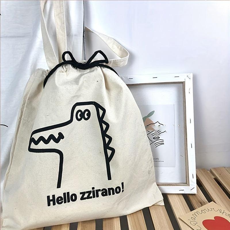 Crocodile Cartoon Pattern Canvas Bag Large Capacity Drawstring Shoulder Bag