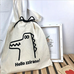 Crocodile Cartoon Pattern Canvas Bag Large Capacity Drawstring Shoulder Bag