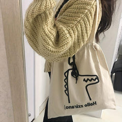 Crocodile Cartoon Pattern Canvas Bag Large Capacity Drawstring Shoulder Bag
