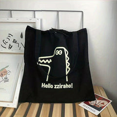 Crocodile Cartoon Pattern Canvas Bag Large Capacity Drawstring Shoulder Bag