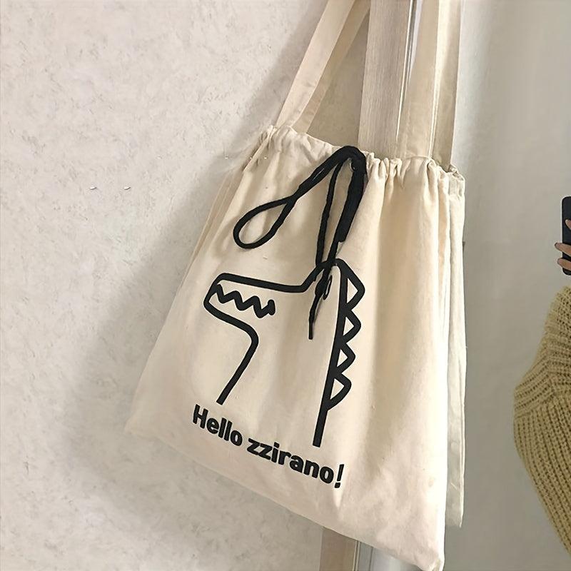 Crocodile Cartoon Pattern Canvas Bag Large Capacity Drawstring Shoulder Bag