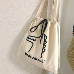 Crocodile Cartoon Pattern Canvas Bag Large Capacity Drawstring Shoulder Bag