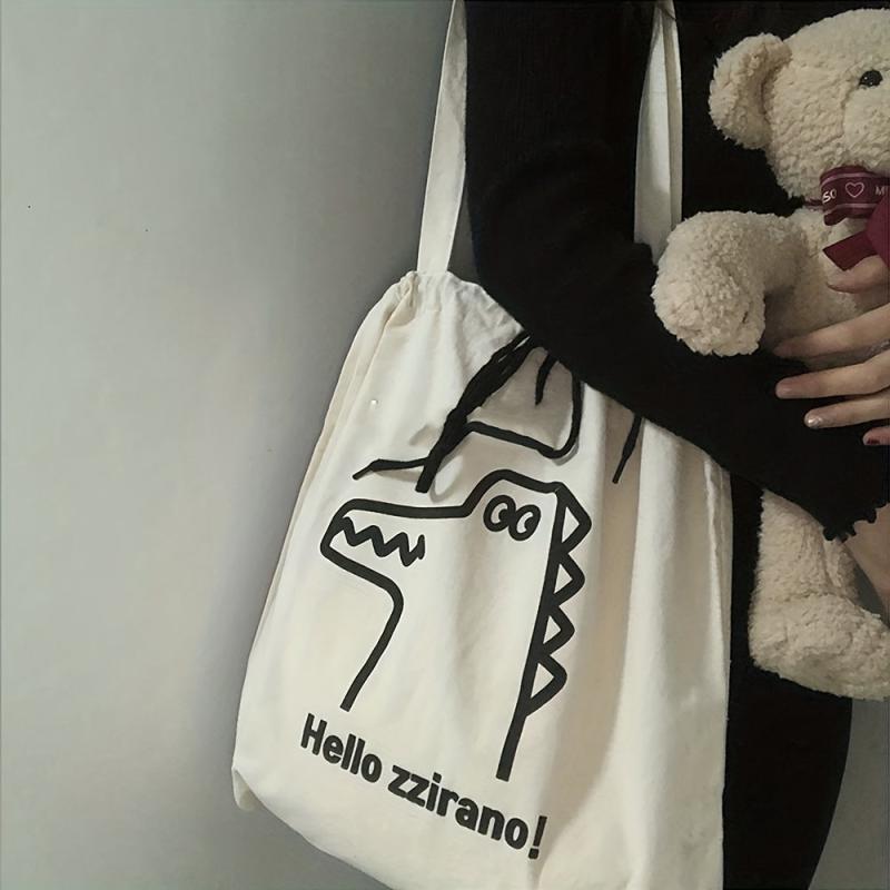 Crocodile Cartoon Pattern Canvas Bag Large Capacity Drawstring Shoulder Bag