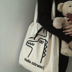 Crocodile Cartoon Pattern Canvas Bag Large Capacity Drawstring Shoulder Bag