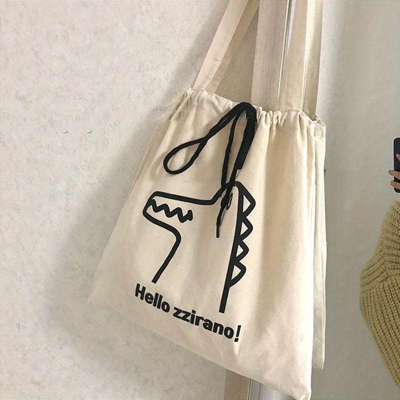 Crocodile Cartoon Pattern Canvas Bag Large Capacity Drawstring Shoulder Bag