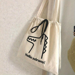 Crocodile Cartoon Pattern Canvas Bag Large Capacity Drawstring Shoulder Bag
