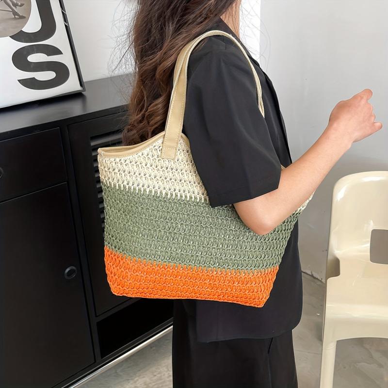 Colorblock Straw Woven Tote Bag Large Capacity Beach Shoulder Bag