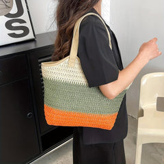 Colorblock Straw Woven Tote Bag Large Capacity Beach Shoulder Bag