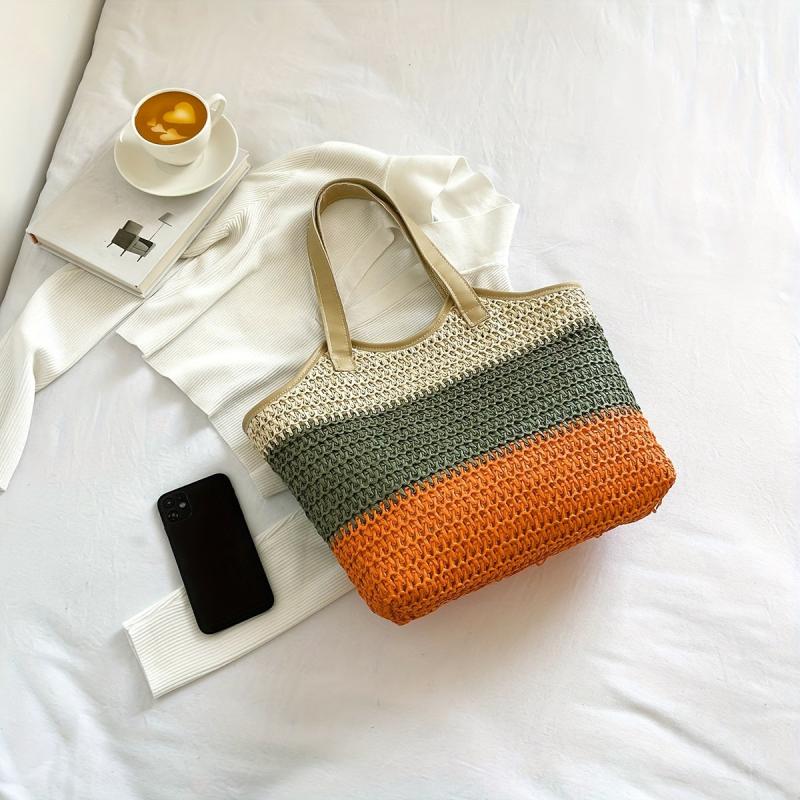 Colorblock Straw Woven Tote Bag Large Capacity Beach Shoulder Bag