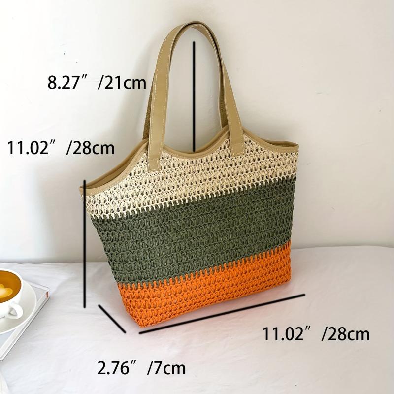 Colorblock Straw Woven Tote Bag Large Capacity Beach Shoulder Bag