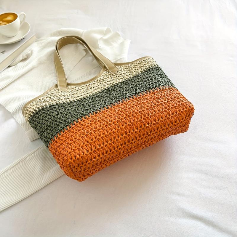 Colorblock Straw Woven Tote Bag Large Capacity Beach Shoulder Bag