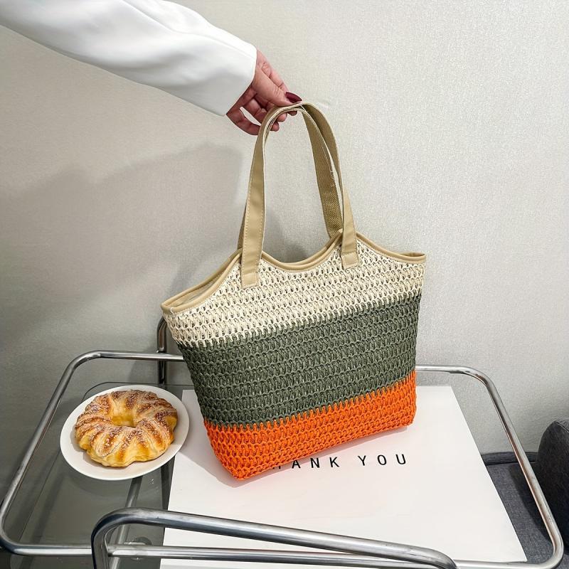 Colorblock Straw Woven Tote Bag Large Capacity Beach Shoulder Bag
